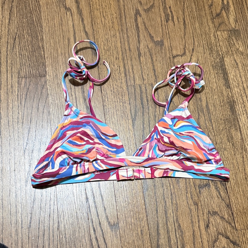 Shade & Shore Pink, Coral, Blue & White Wave-Print Triangle Bikini Top